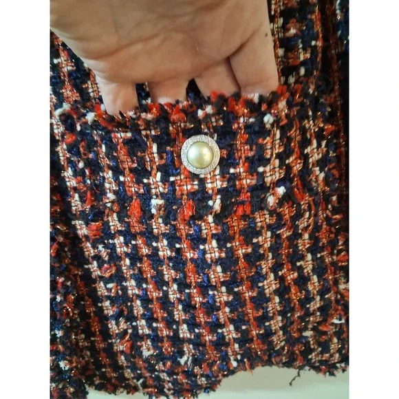 Zara Woman Tweed Blazer Jacket Navy Red White Pearl Button XS Metallic Plaid - Picture 4 of 10